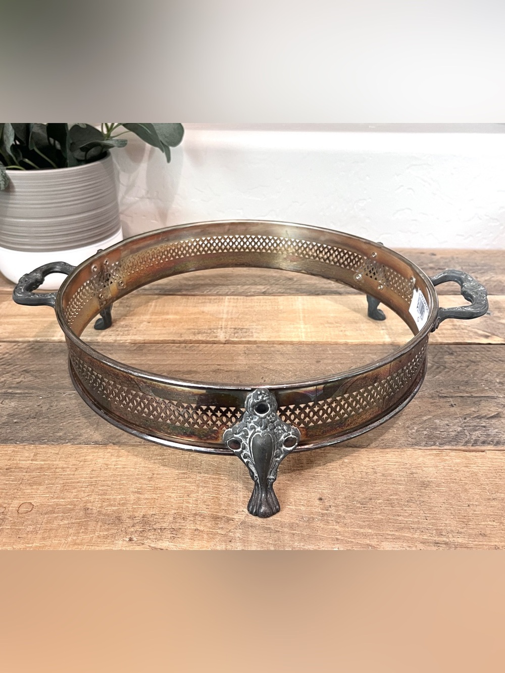 Vintage Silverplate Round Footed Casserole Dish Holder Pierced Gallery Stand